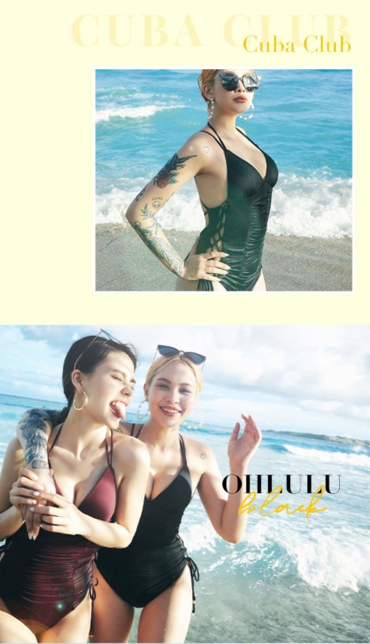Qmomo 古巴俱樂部 深V性感側綁帶顯瘦連身泳裝 兩色(連