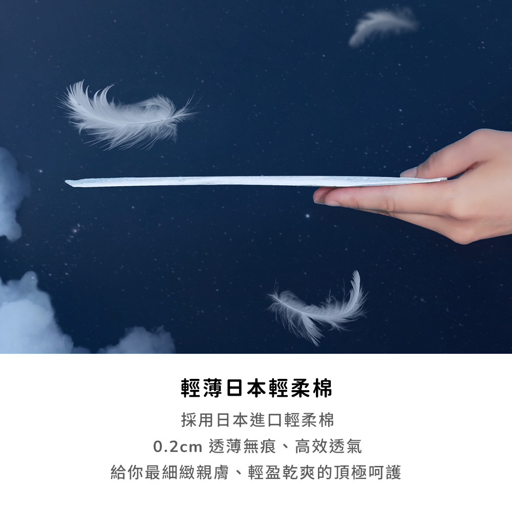 輕薄日本輕柔棉 採用日本進口輕柔棉 0.2cm 透薄無痕、高效透氣 給你最細緻親膚、輕盈乾爽的頂極呵護