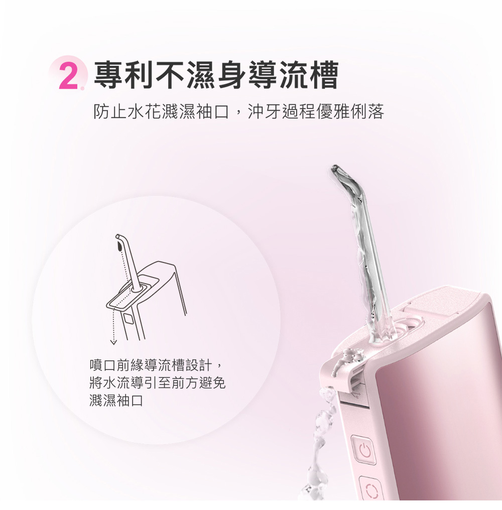 2 專利不濕身導流槽 防止水花濺濕袖口,沖牙過程優雅俐落 噴口前緣導流槽設計, 將水流導引至前方避免 濺濕袖口