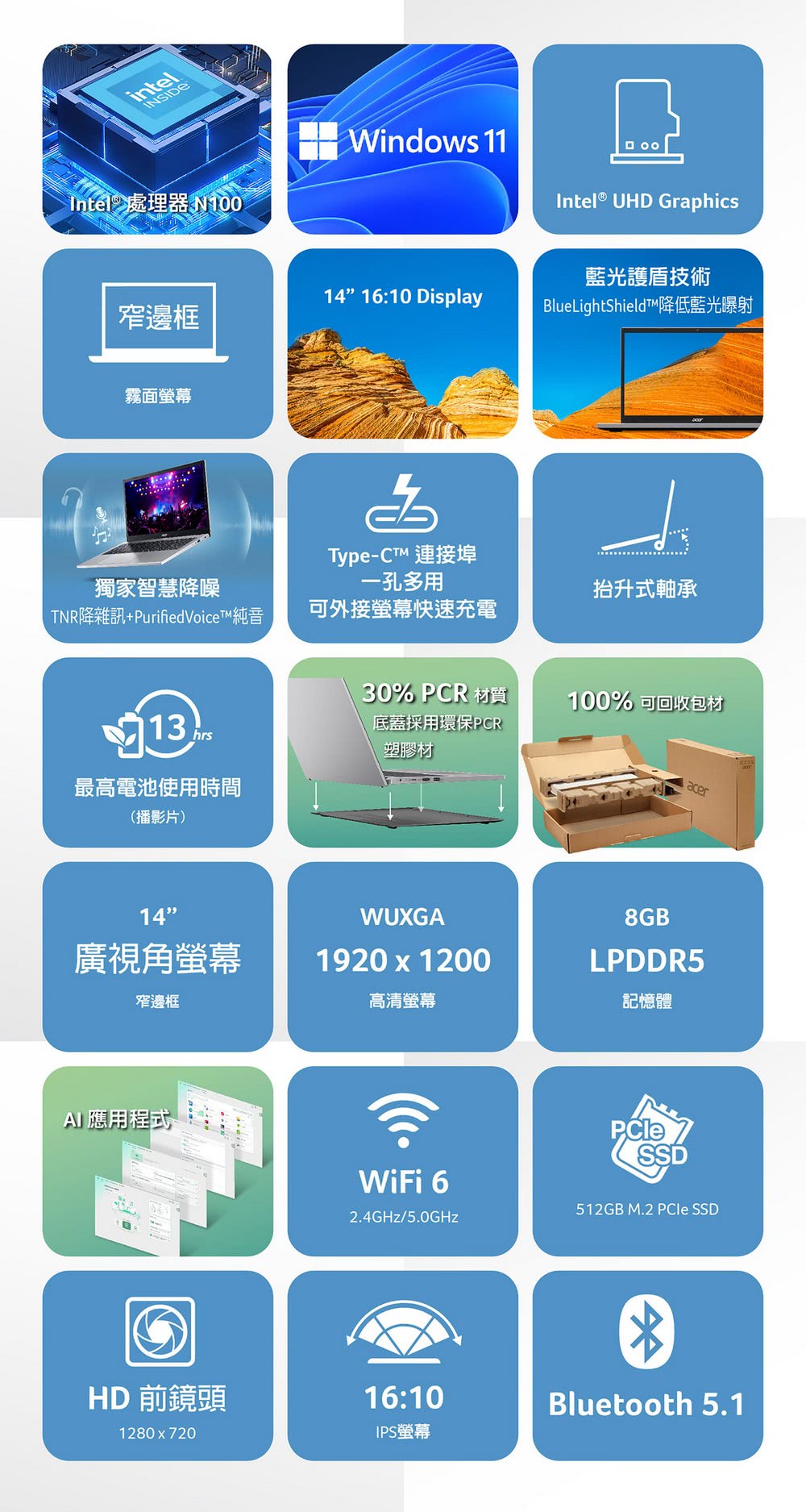 Acer 宏碁 14吋N100輕薄筆電(Aspire Go/