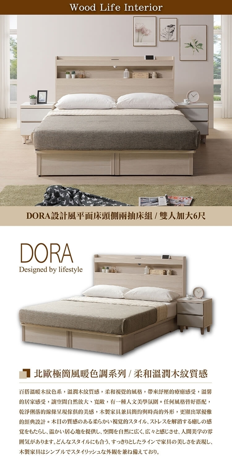 直人木業 DORA設計風平面床頭側兩抽床組(雙人加大6尺)評