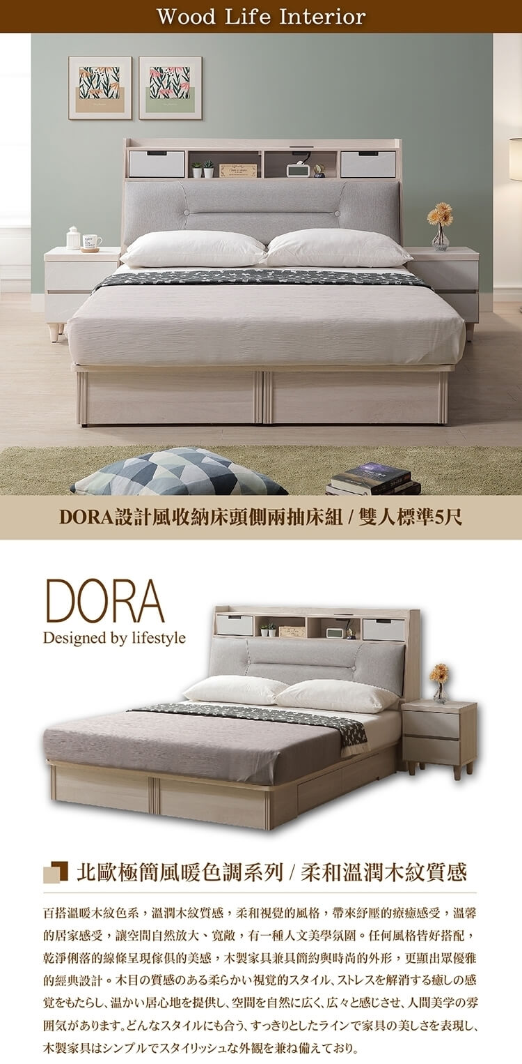 直人木業 DORA設計風收納床頭側兩抽床組(雙人標準5尺) 