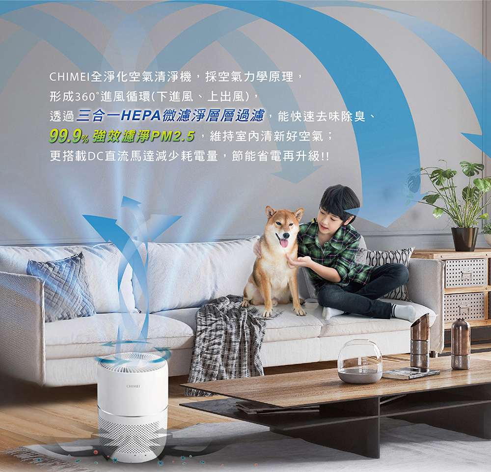 CHIMEI全淨化空氣清淨機,採空氣力學原理, 形成360進風循環下進風、上出風, 透過三合一HEPA微濾淨層層過濾,能快速去味除臭、 99.9% 強效濾淨PM2.5,維持室內清新好空氣 更搭載DC直流馬達減少耗電量,節能省電再升級