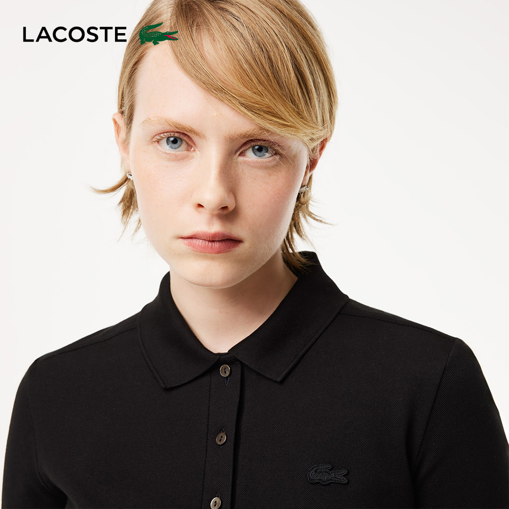 LACOSTE 女裝-修身彈性棉質網眼短袖Polo衫(黑色)