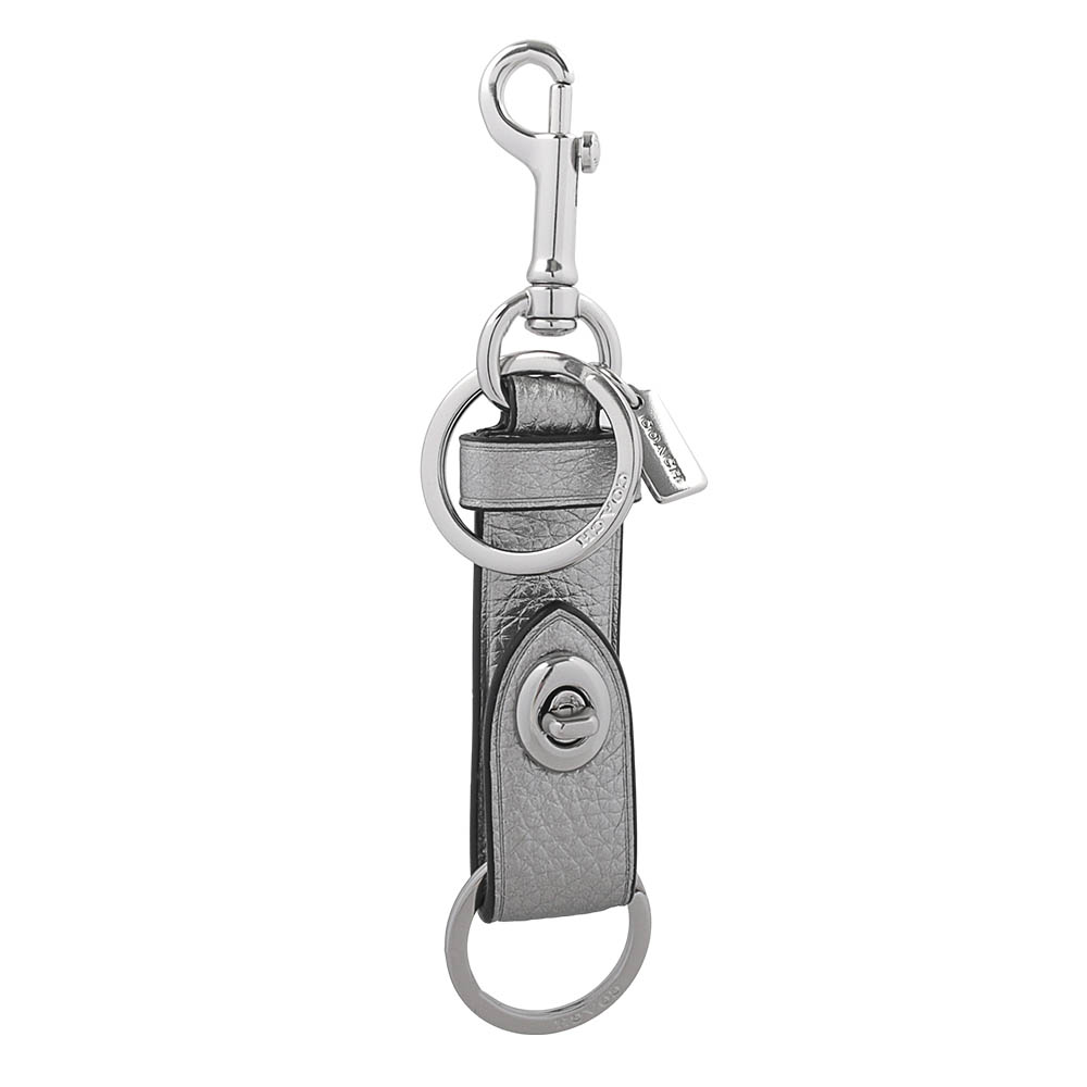 COACH 轉釦設計金屬色荔枝皮革吊飾/鑰匙圈(煤灰色)品牌
