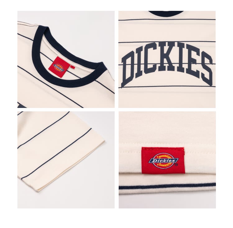 Dickies 男女款奶油色條紋純棉胸前弧型Logo寬鬆短袖
