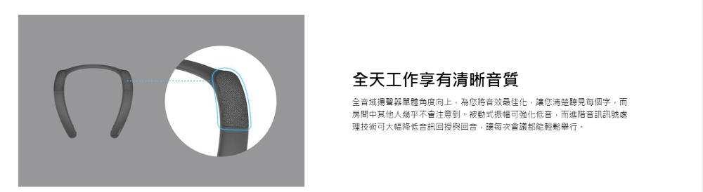 全天工作享有清晰音質 全音域揚聲器單體角度向上,為您將音效最佳化,讓您清楚聽見每個字,而 房間中其他人幾乎不會注意到,被動式振幅可強化低音,而進階音訊訊號處 理技術可大幅降低音訊回授與回音,讓每次會議都能輕鬆舉行。 