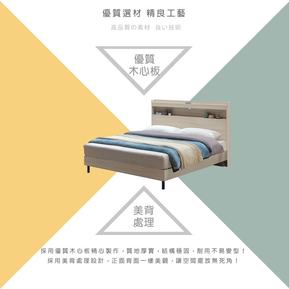 柏蒂家居 夏曼6尺雙人加大床組(附USB插座床頭片+床底-不