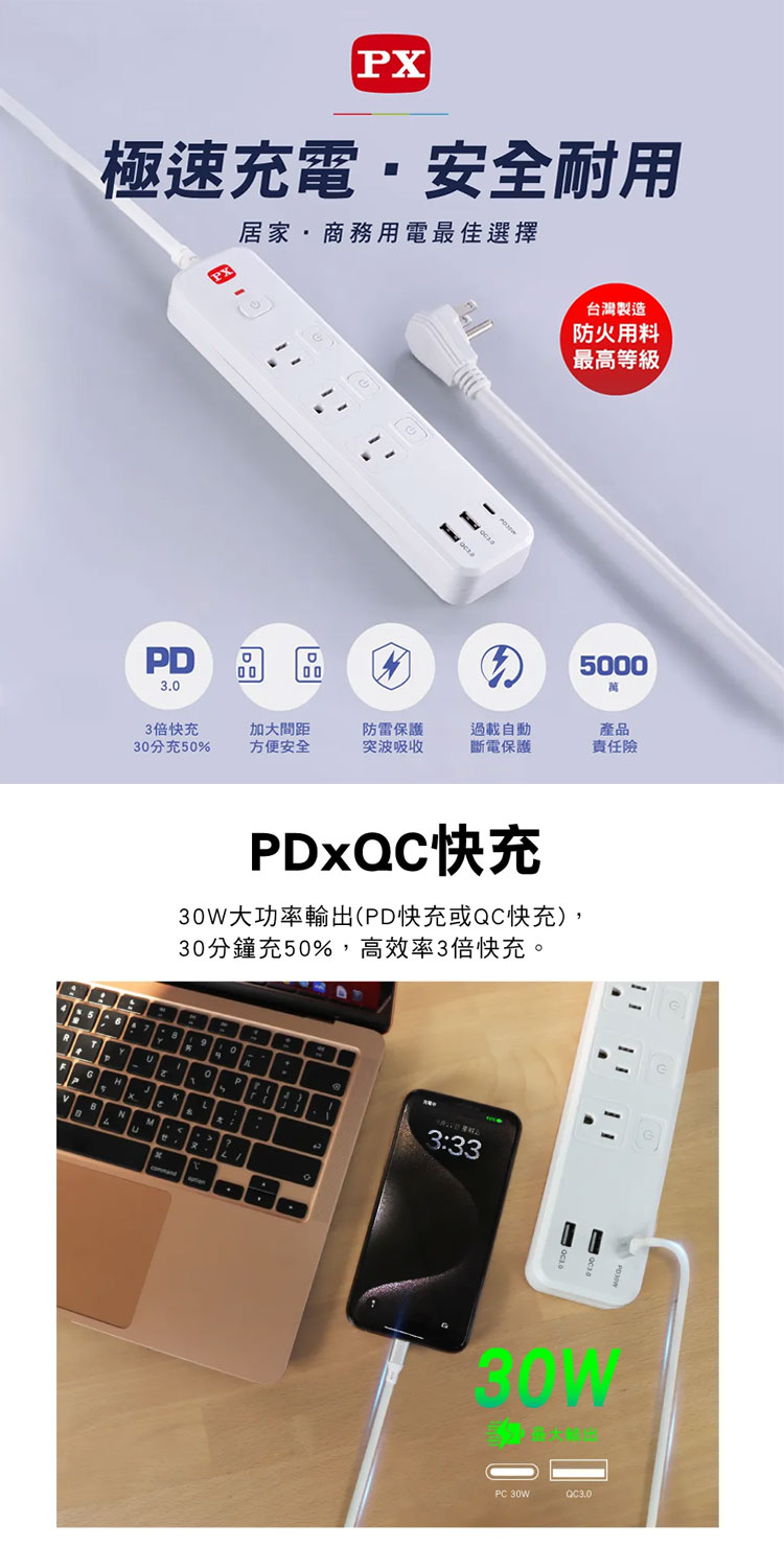 PX 大通 PEC-343P6W 4切3座6尺USB電源延長