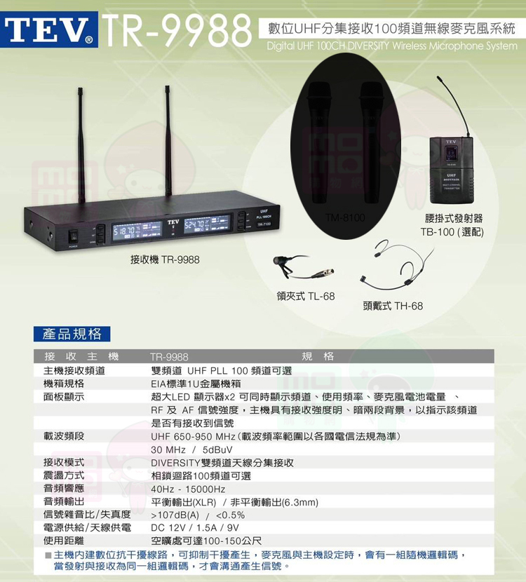 TEV TR-9988 配1領夾式+1頭戴式(數位雙頻道UH