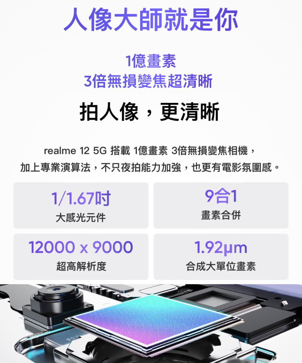 realme 12 5G 搭載1億畫素 3倍無損變焦相機,