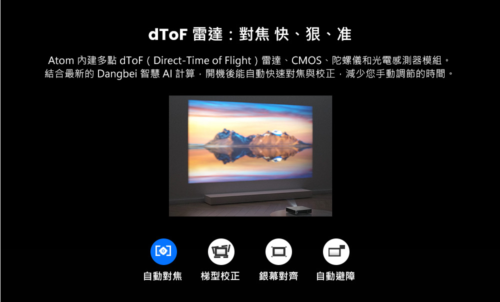 Atom 內建多點dToF DirectTime of Flight 雷達、CMOS、陀螺儀和光電感測器模組。