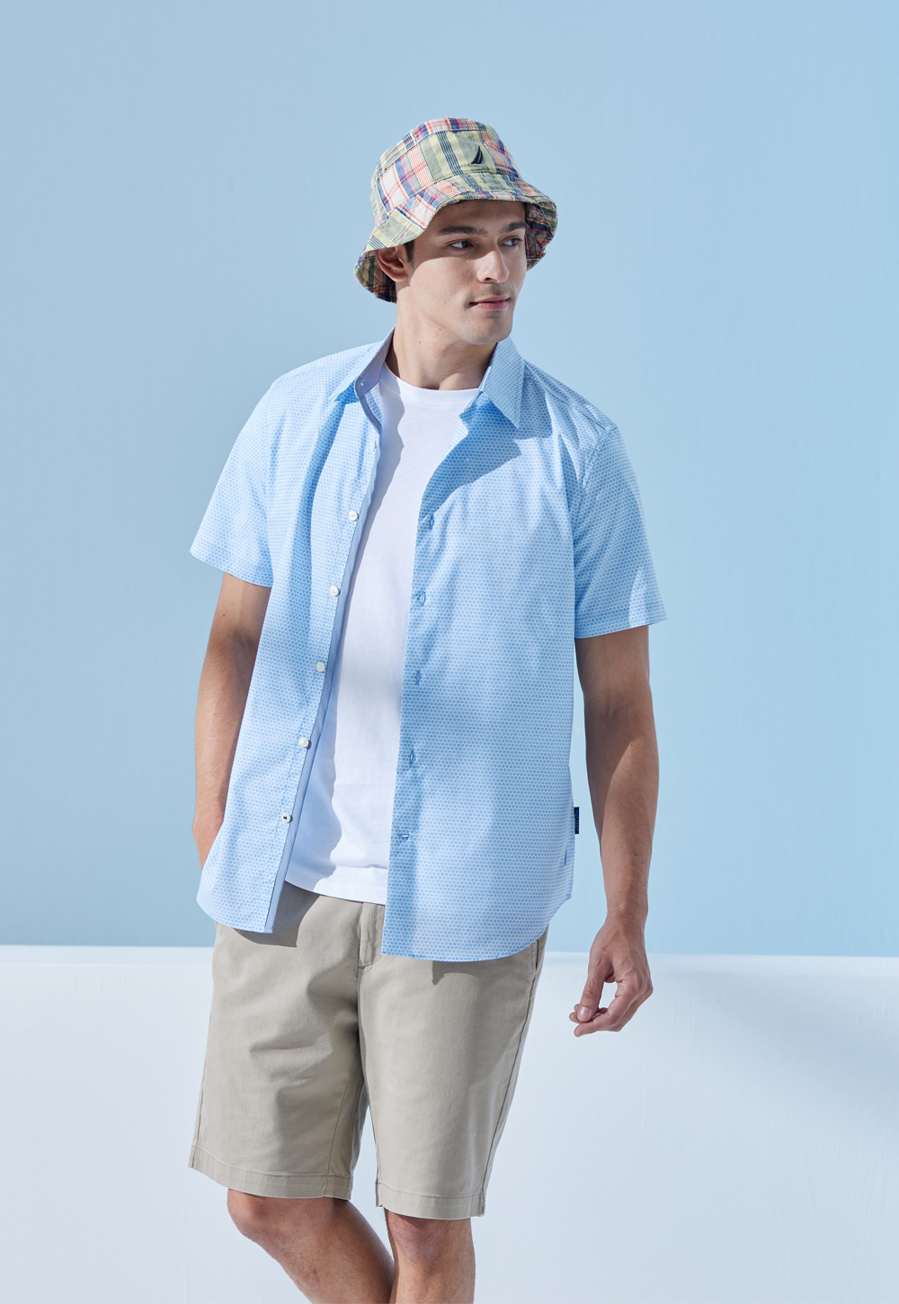 NAUTICA 男裝 吸濕排汗簡約短袖襯衫(藍色)折扣推薦