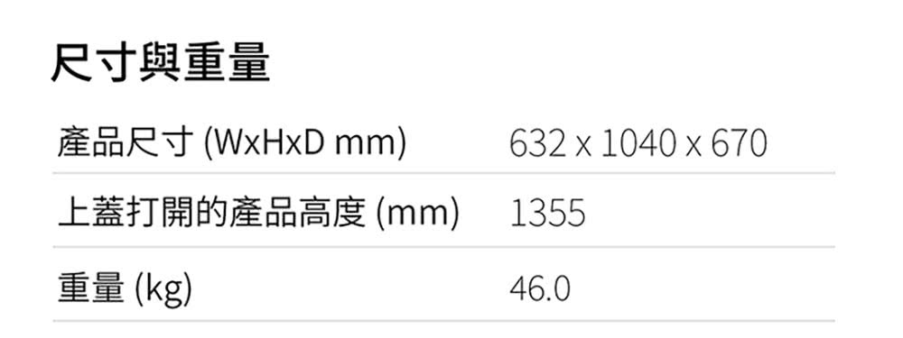 尺寸與重量 產品尺寸WxHxD mm 上蓋打開的產品高度 mm 重量 kg