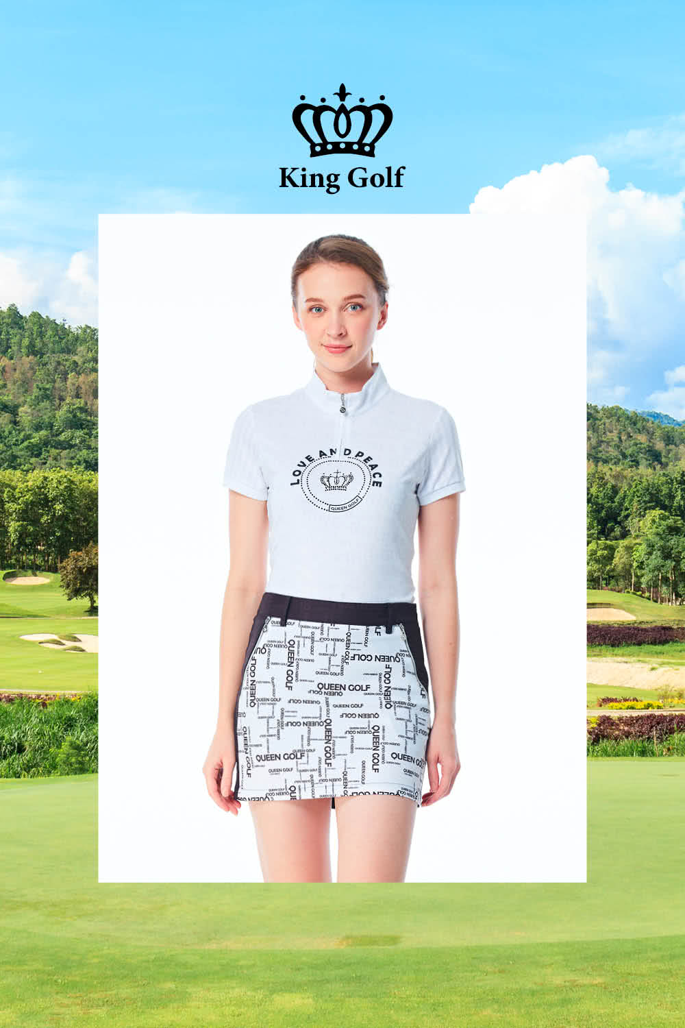 KING GOLF 實體同步款-女款英文底圖拼接異色條紋袖設