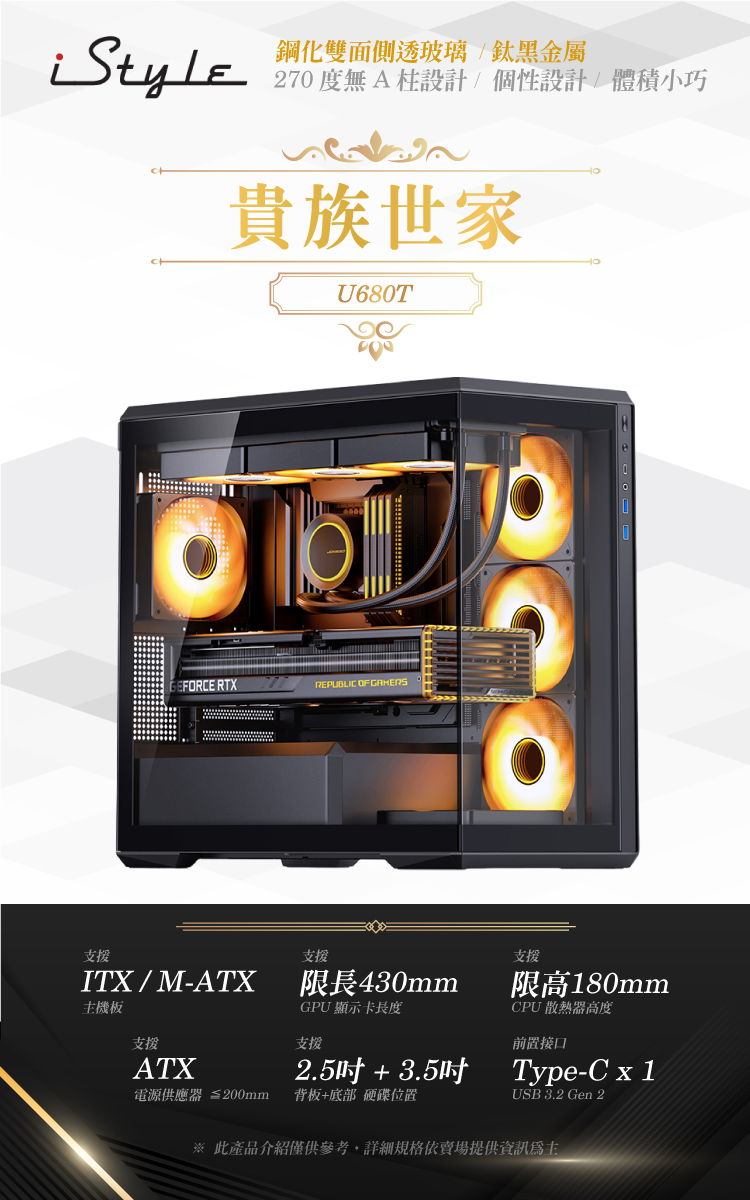 iStyle 貴族世家 ITX/M-ATX 雙玻璃鈦黑機殼+