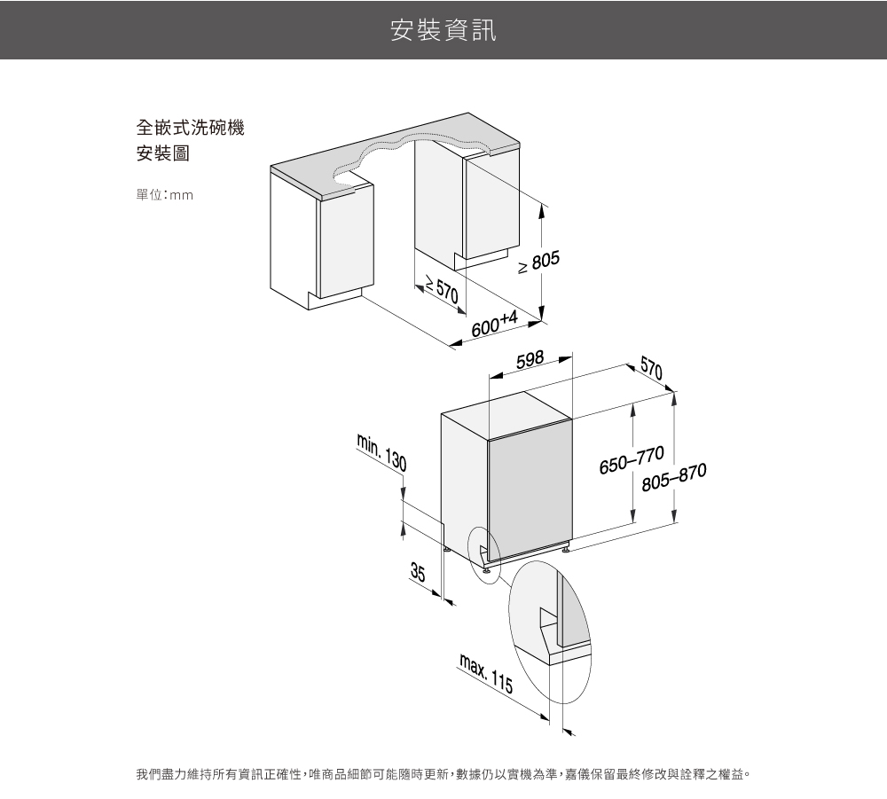 全嵌式洗碗機 安裝圖 單位mm 安裝資訊 我們盡力維持所有資訊正確性,唯商品細節可能隨時更新,數據仍以實機為準,嘉儀保留最終修改與詮釋之權益。 