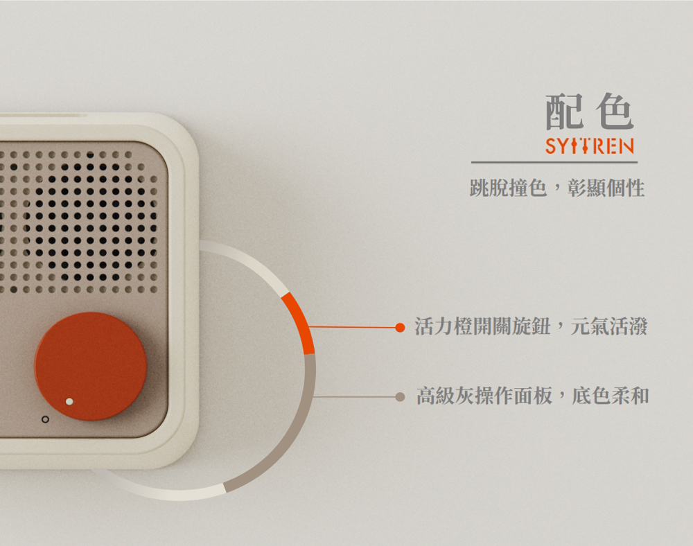 配色 跳脫撞色,彰顯個性 活力橙開關旋鈕,元氣活潑 高級灰操作面板,底色柔和 