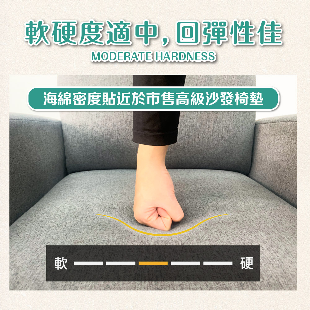 軟硬度適中,回彈性佳 海綿密度貼近於市售高級沙發椅墊 軟一 