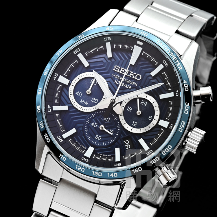 SEIKO 精工 精工超霸三眼計時賽車鋼帶錶 -藍面藍框(S