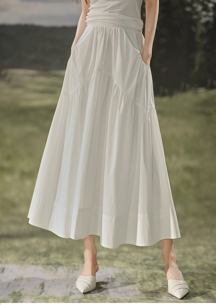 初色 清涼感簡約棉麻風彈性腰圍波浪形拼接中長裙半身裙-白色-