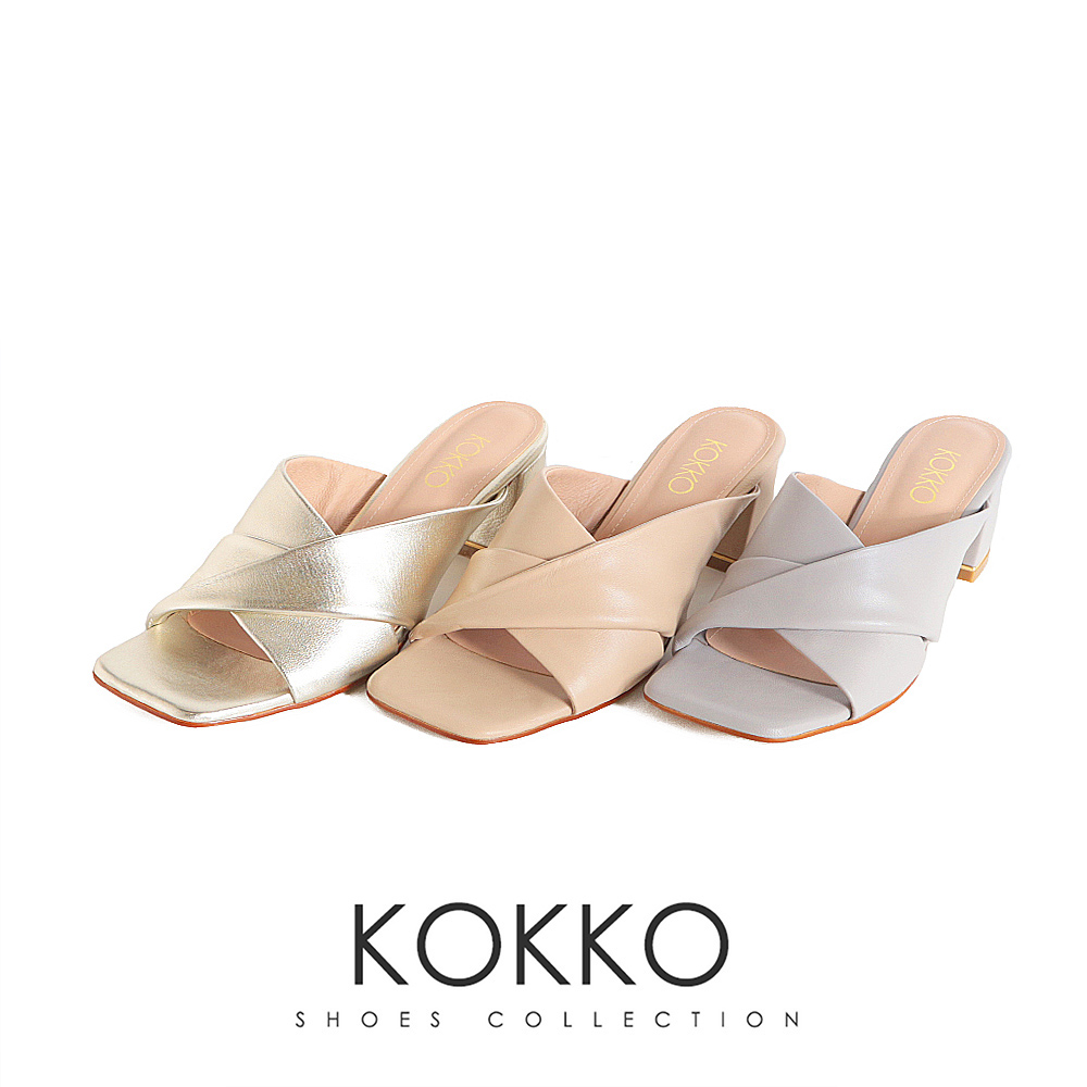 KOKKO 集團 溫柔魅力反折手感綿羊皮粗跟涼拖鞋(淺灰色)