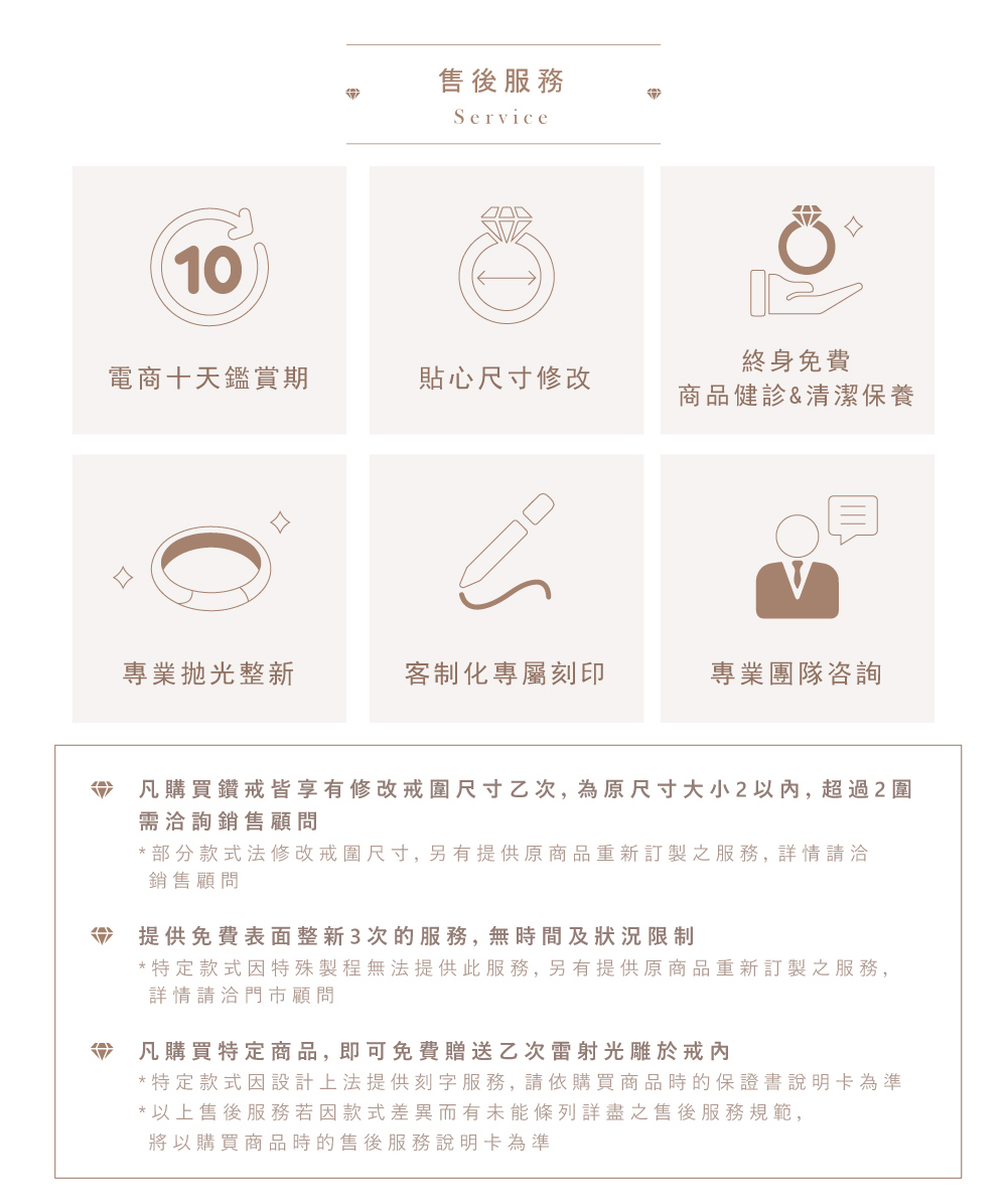 部分款式法修改戒圍尺寸, 另有提供原商品重新訂製之服務, 詳情請洽