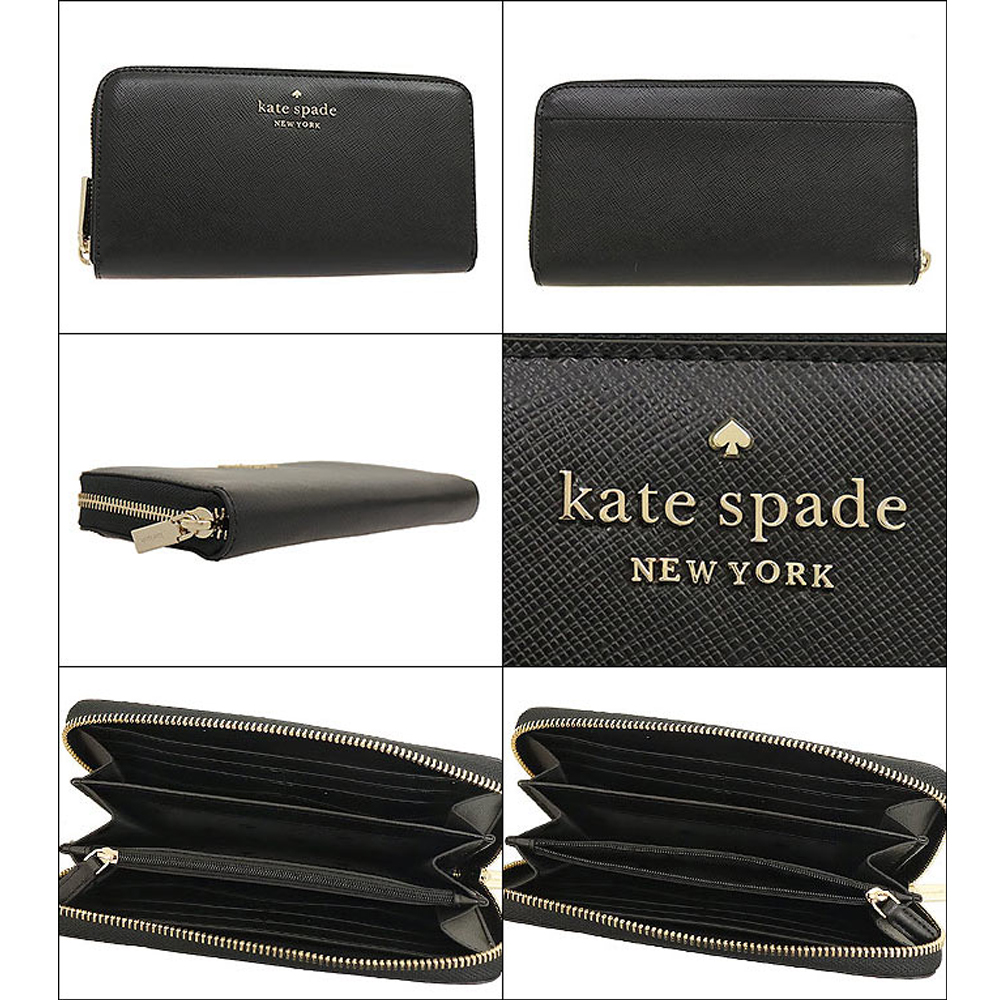 KATE SPADE Staci黑色防刮皮革小桃心拉鍊式長夾