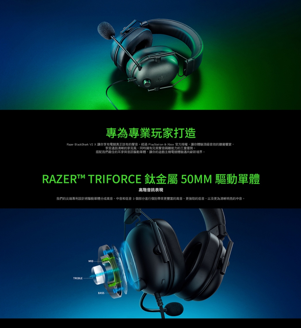 Razer BlackShark V2X 讓你享有電競真正該有的聲音。經過 PlayStation  Xbox 官方授權,讓你體驗頂級音效的聽覺饗宴,