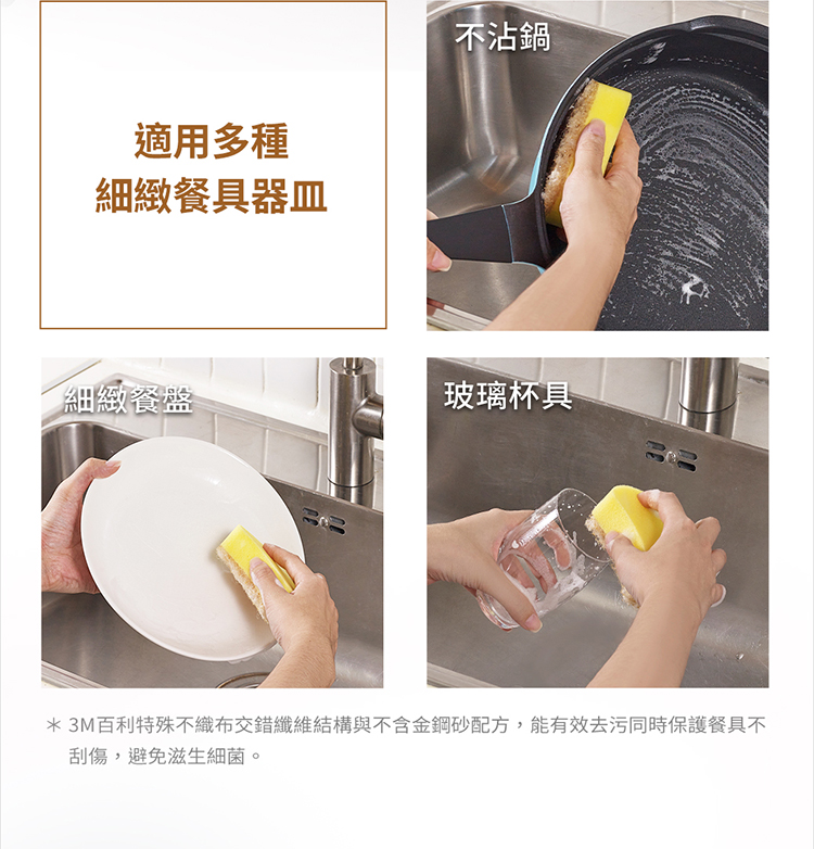 3M百利特殊不織布交錯纖維結構與不含金鋼砂配方,能有效去污同時保護餐具不
