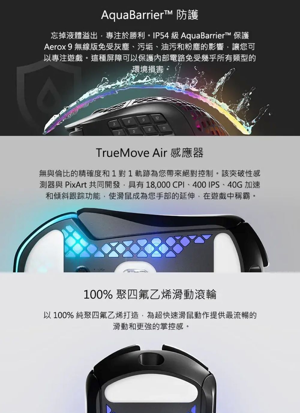 測器與 PixArt 共同開發,具有18,000 CPI、400IPS、40G 加速