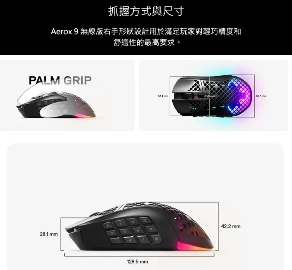 抓握方式與尺寸 Aerox 9 無線版右手形狀設計用於滿足玩家對輕巧精度和 舒適性的最高要求。 