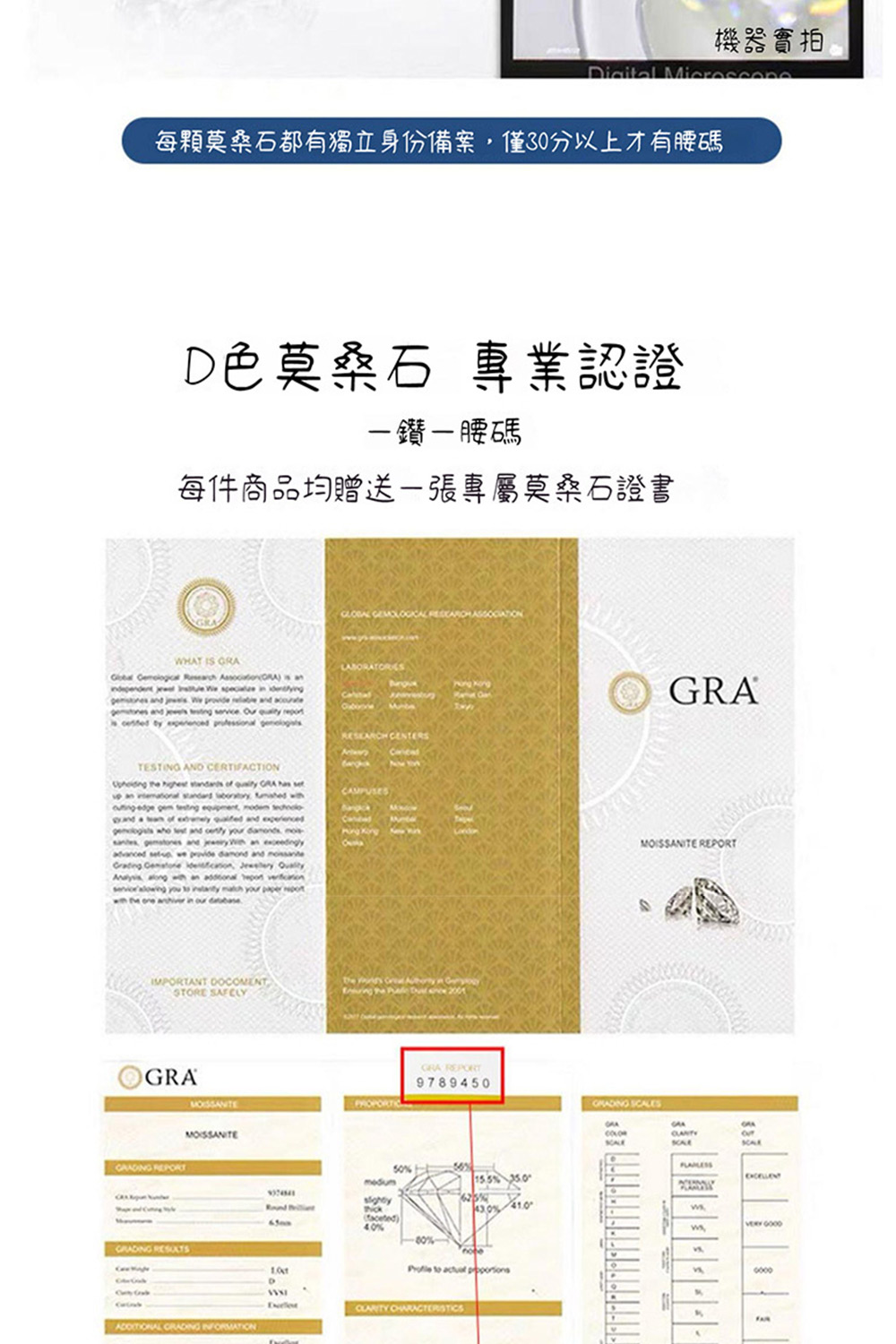 機器實拍 每顆莫桑石都有獨立身份備案,僅30分以上才有腰碼 D色莫桑石 專業認證 一鑽腰碼 每件商品均贈送一張專屬莫桑石證書 