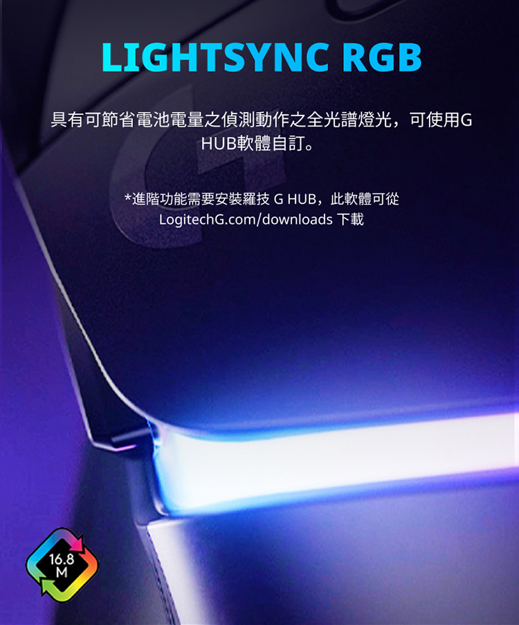 具有可節省電池電量之偵測動作之全光譜燈光,可使用G HUB軟體自訂。 進階功能需要安裝羅技 G HUB,此軟體可從 