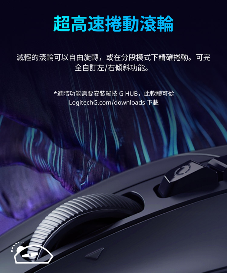 超高速捲動滾輪 減輕的滾輪可以自由旋轉,或在分段模式下精確捲動。可完 全自訂左右傾斜功能。 進階功能需要安裝羅技GHUB,此軟體可從 