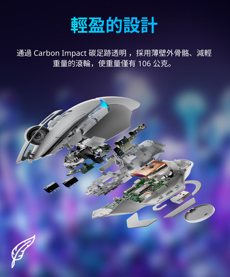 輕盈的設計 通過 Carbon Impact 碳足跡透明,採用薄壁外骨骼、減輕 重量的滾輪,使重量僅有106公克。 