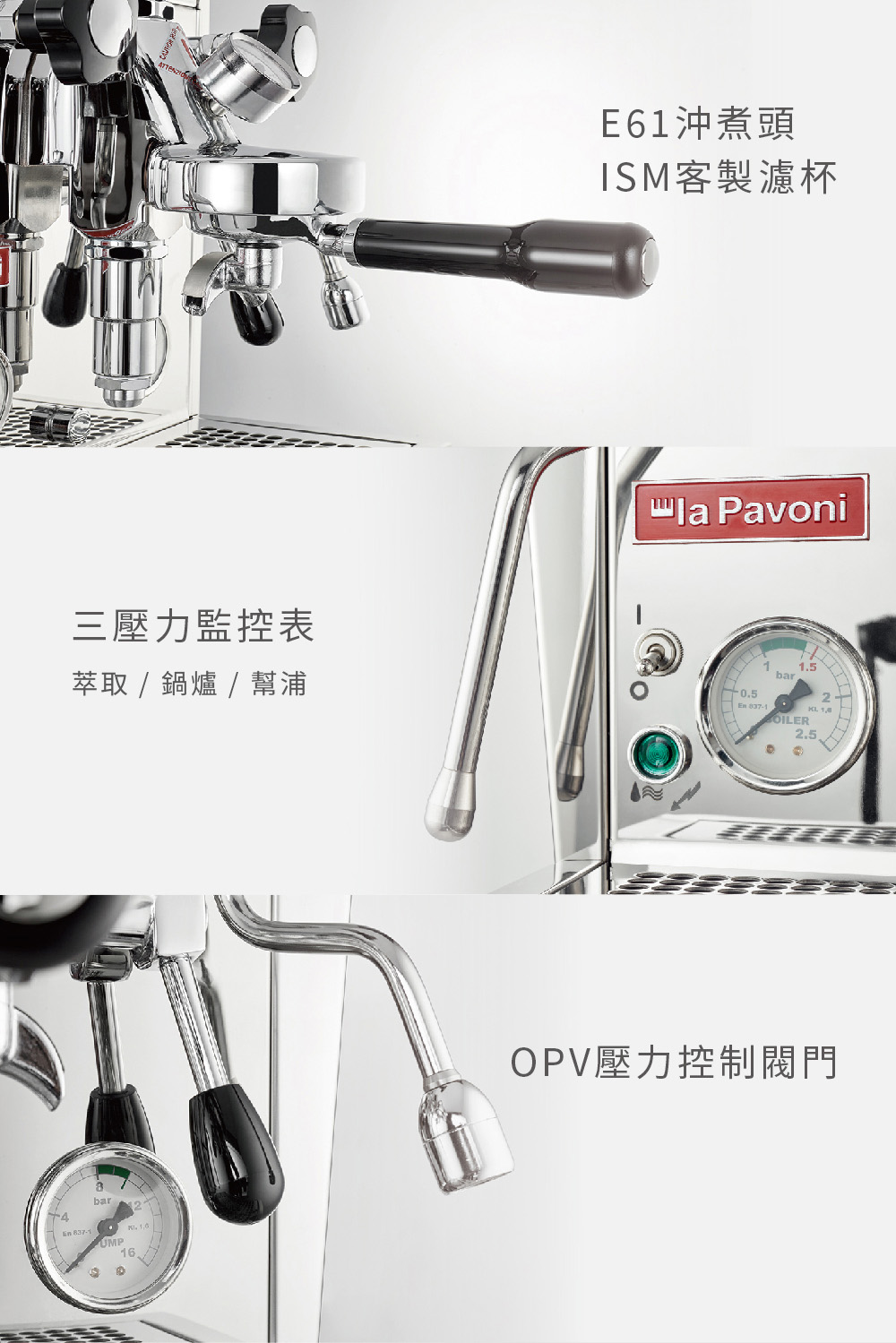 E61沖煮頭 ISM客製濾杯 三壓力監控表 萃取鍋爐幫浦 OPV壓力控制閥門 