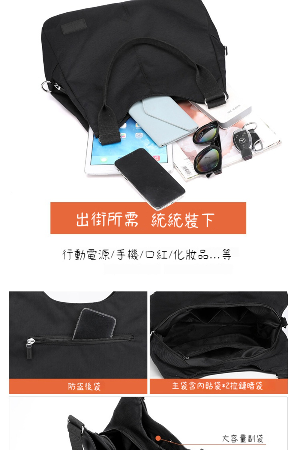 出街所需 統統裝下 行動電源手機口紅化妝品...等 防盜後袋 主袋含內貼袋2拉鏈暗袋 大容量副袋 
