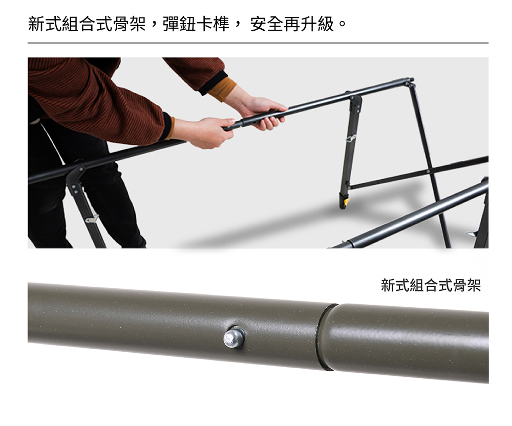 新式組合式骨架,彈鈕卡榫, 安全再升級。 新式組合式骨架 