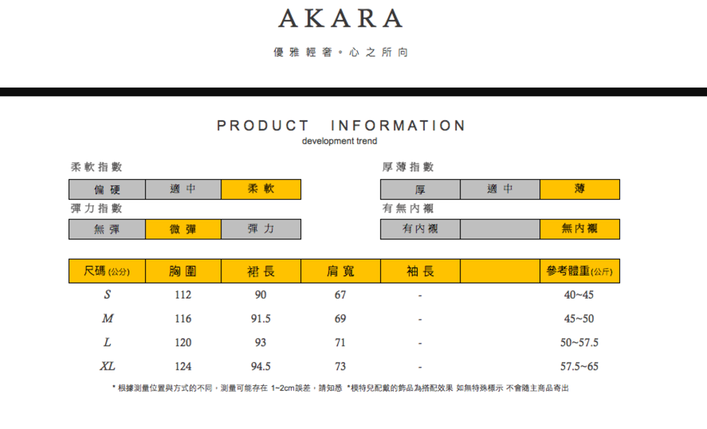 AKARA優雅輕奢。心之所向PRODUCTINFORMATIONdevelopment trend柔軟指數厚指數偏硬適中柔軟彈力指數無彈微彈彈力厚適中薄有無內襯有內襯無內襯尺碼(公分)胸圍裙長肩寬袖長參考體重(公斤)112906740-45M11691.56945-50L1209350-57.5XL12494.573* 根據測量位置與方式的不同,測量可能存在1-2cm誤差,請知悉*模特兒配戴的飾品為搭配效果 如無特殊標示不會隨主商品寄出