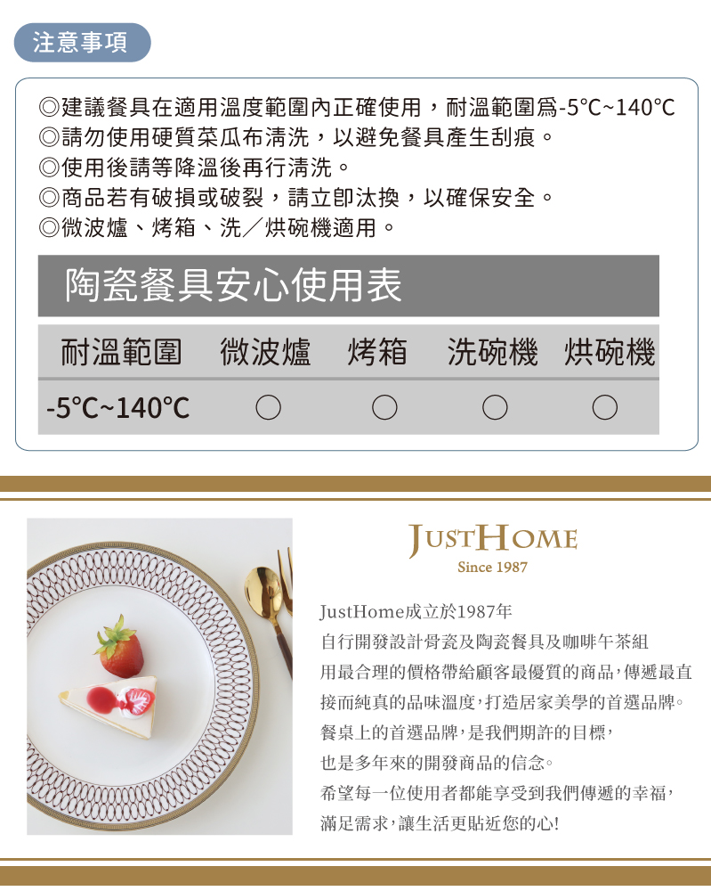建議餐具在適用溫度範圍內正確使用,耐溫範圍爲5140