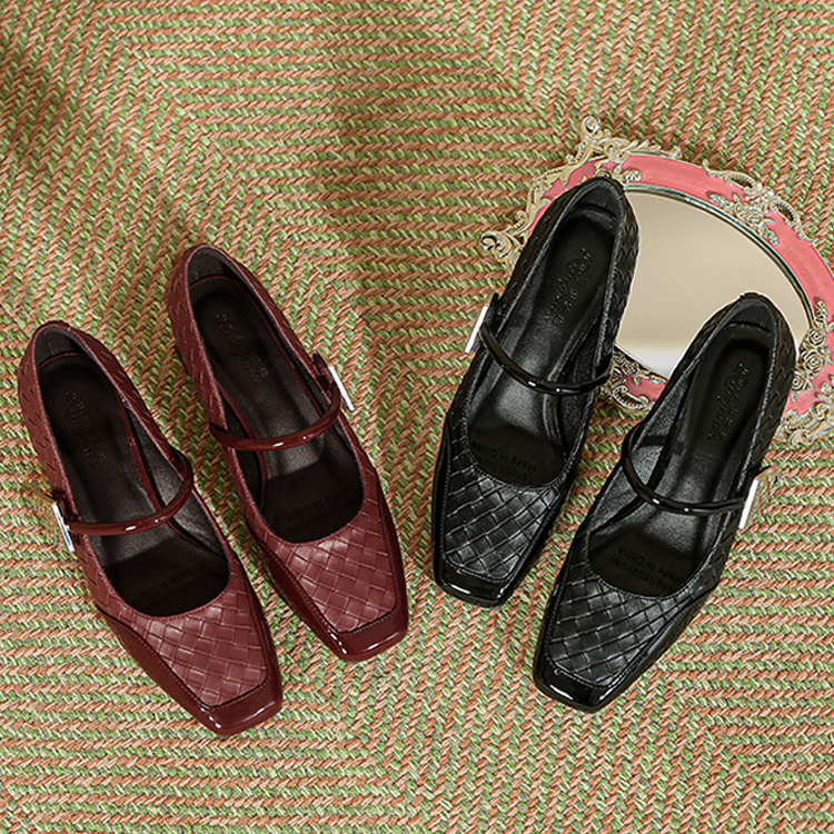 Taroko 復古編織漆皮拼接一字帶粗跟鞋(2色可選)品牌優