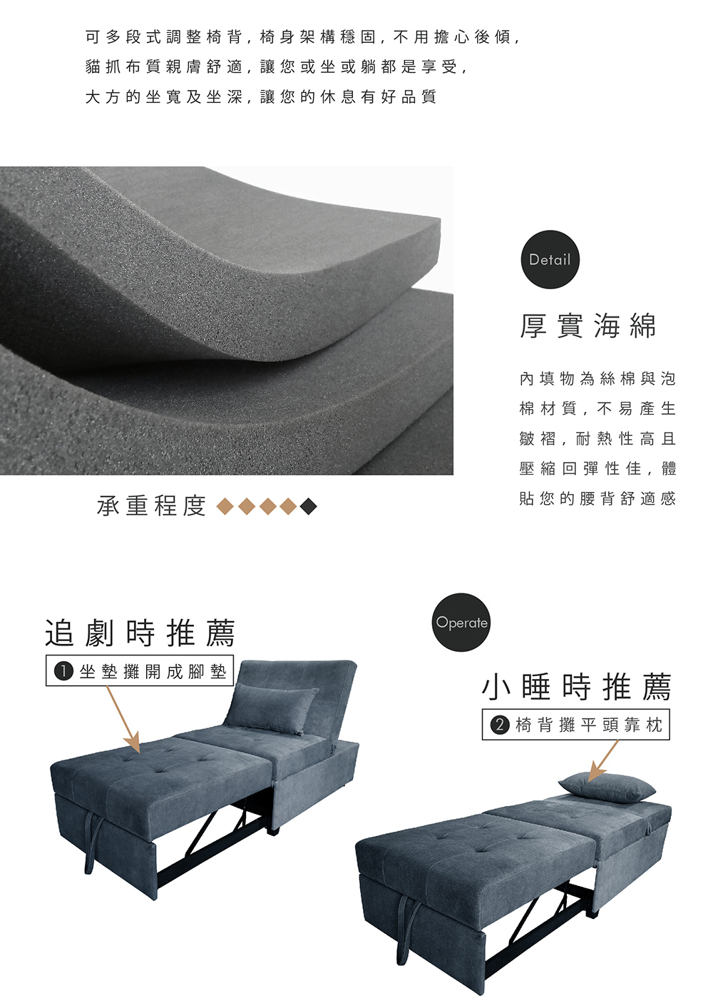 TOPWIN 達瑞斯貓抓布單人沙發床-太空灰(附靠枕/加大尺