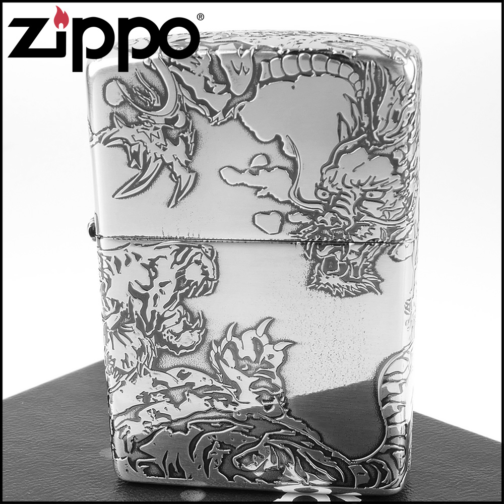 Zippo 日系~龍虎圖案設計-五面連續蝕刻加工(銀燻黑鏡面