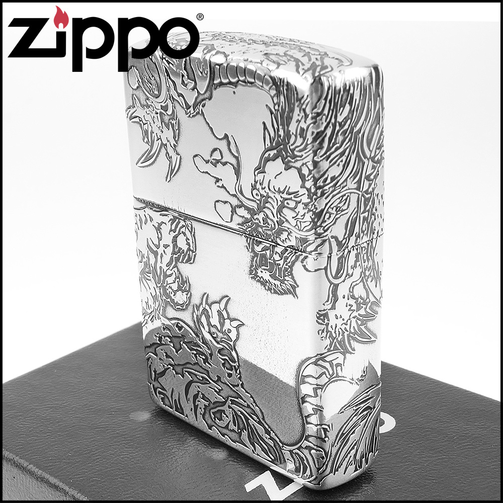 Zippo 日系~龍虎圖案設計-五面連續蝕刻加工(銀燻黑鏡面