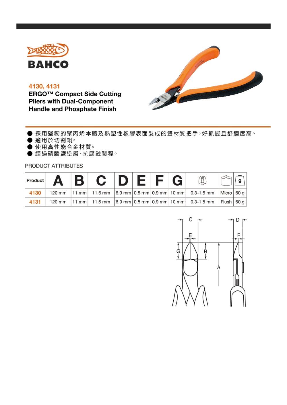 Bahco 精密薄型電子斜口鉗 ERGO™握把 微突切口 1