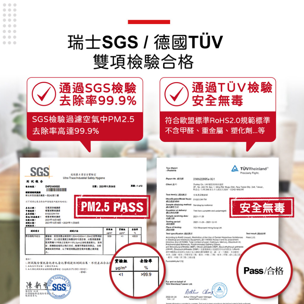 瑞士  德國雙項檢驗合格通過SGS檢驗通過TÜV檢驗率999%無毒SGS檢驗過濾空M.5去除率高達99.9%符合歐盟標準RoHS2.0規範標準含甲醛重金屬、塑化劑等SGS報告超微安全 Trace  Safety Hygie  DNP2A00020202年11月09日1  2號二樓氣型號日期PM2.5 PASSTÜVRhelPrecisely Right2385229a 001  2      Rd.   New           TW        en  and     產品 9391:不比较中事項結果產品合法實驗SGS、SGS去除m²%199.9    安全無毒 to     the Use     Pin  and     and      of        and        95/ / and on  ofTÜV    TestPass/合格