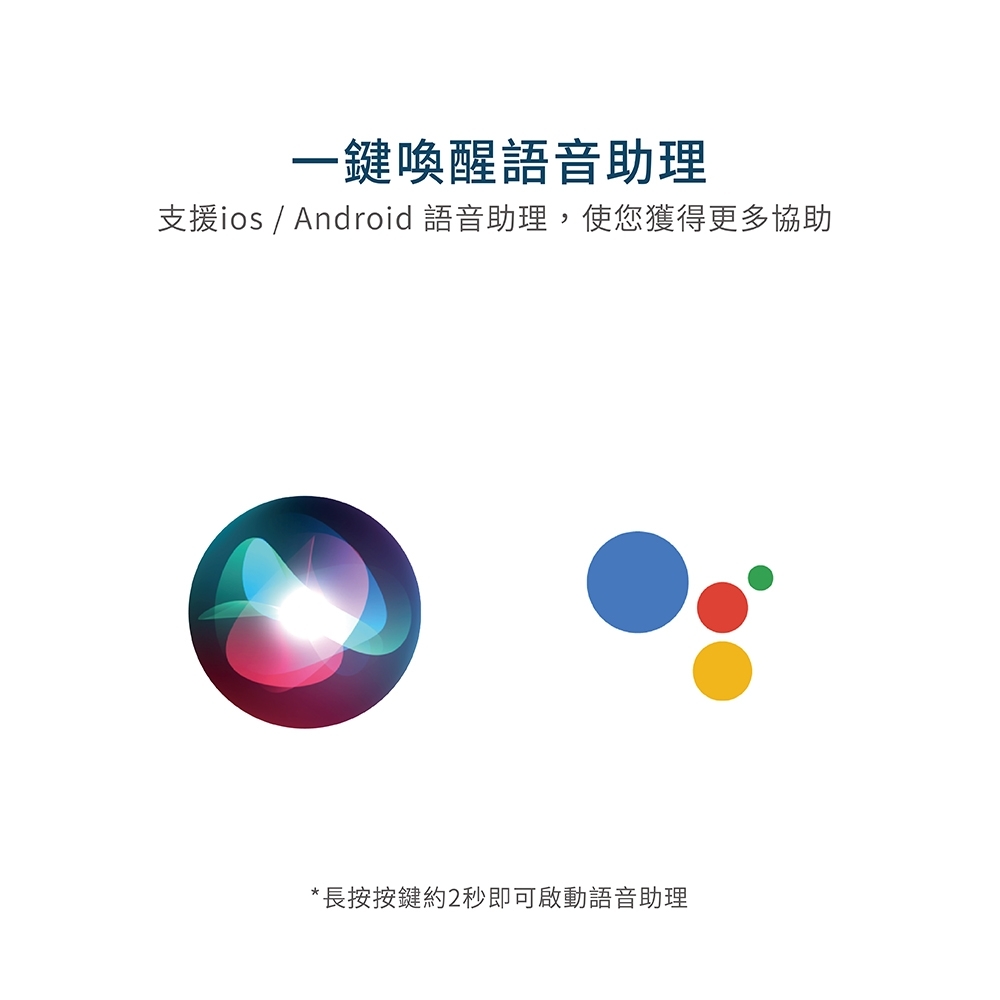 一鍵喚醒語音助理 支援ios  Android 語音助理,使您獲得更多協助 長按按鍵約2秒即可啟動語音助理 
