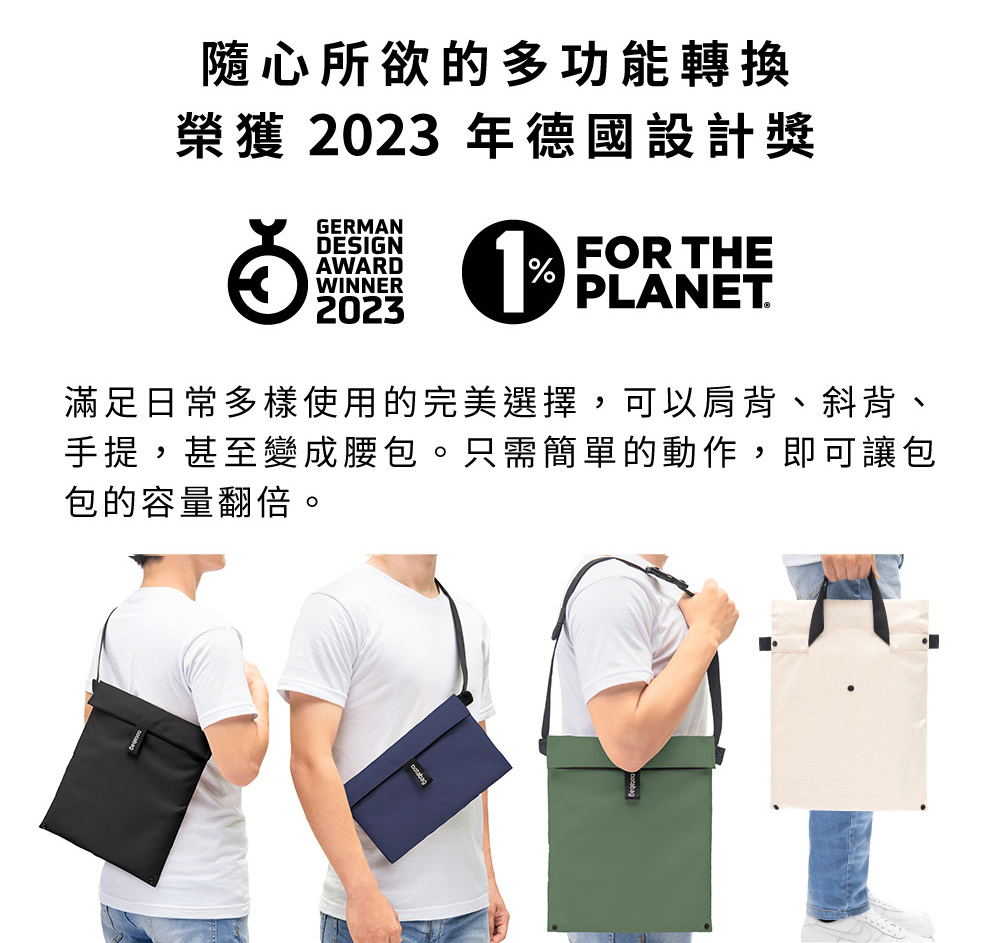 隨心所欲的多功能轉換 榮獲 2023 年德國設計獎 滿足日常多樣使用的完美選擇,可以肩背、斜背、 手提,甚至變成腰包。只需簡單的動作,即可讓包 包的容量翻倍。 