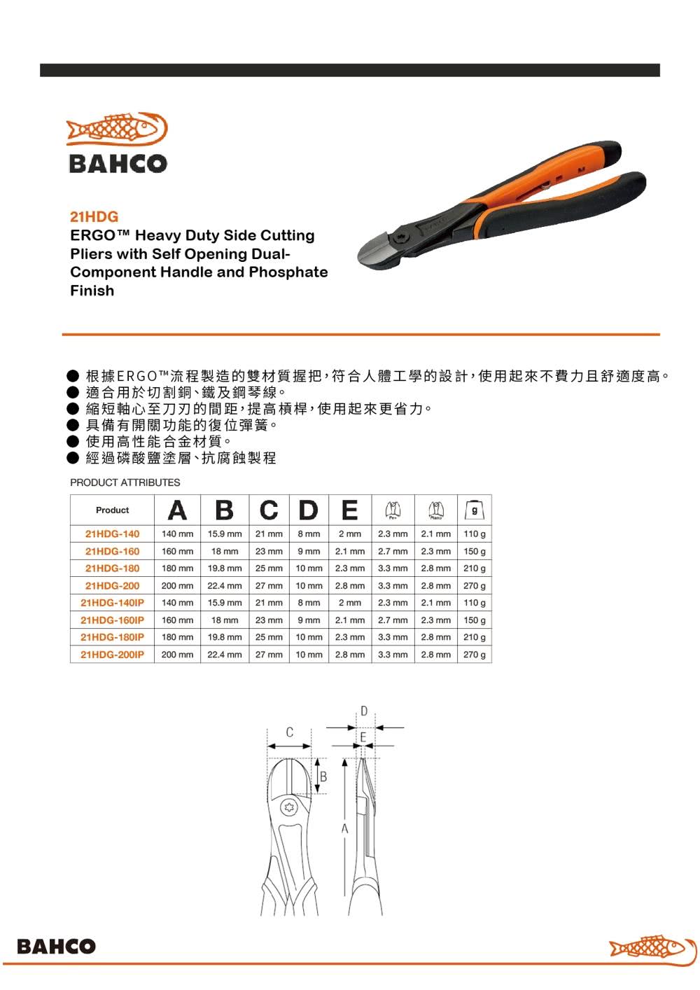 Bahco 強力電子斜口鉗 ERGO™握把 200mm(21